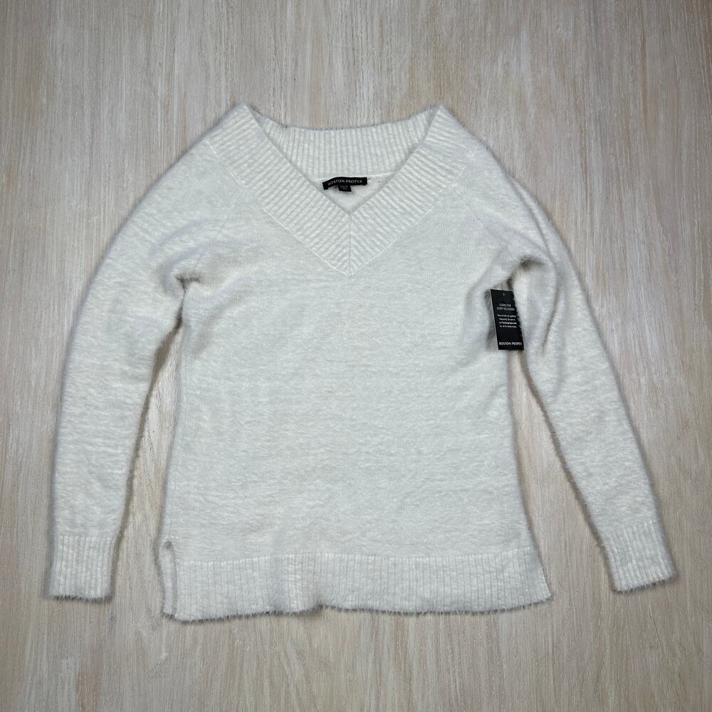 NWT Boston Proper Ivory Soft Knit Fuzzy V-Neck Pullover Sweater XS Cozy Winter